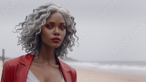 Striking portrait of an African American woman with silver curls, exuding confidence and tranquillity on a serene beach. 