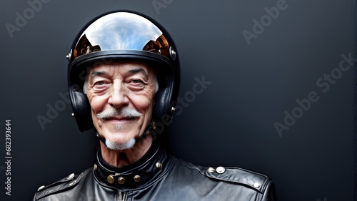 Sophisticated elderly gentleman wearing a stylish black helmet and leather jacket. His warm smile and elegant moustache convey a sense of adventure and joie de vivre against the sleek dark backdrop.