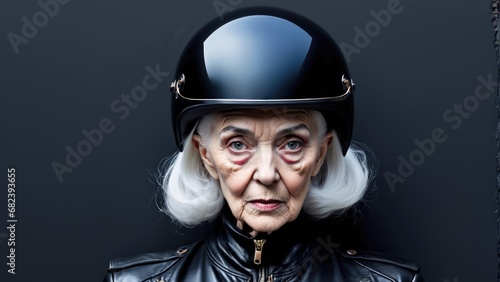 Captured with a gaze that cuts through the ages, this image features an elderly woman donning a polished motorcycle helmet.