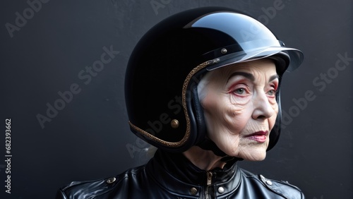 Spirit of adventure across all ages, this image captures an elderly woman adorned with a classic motorcycle helmet. 
