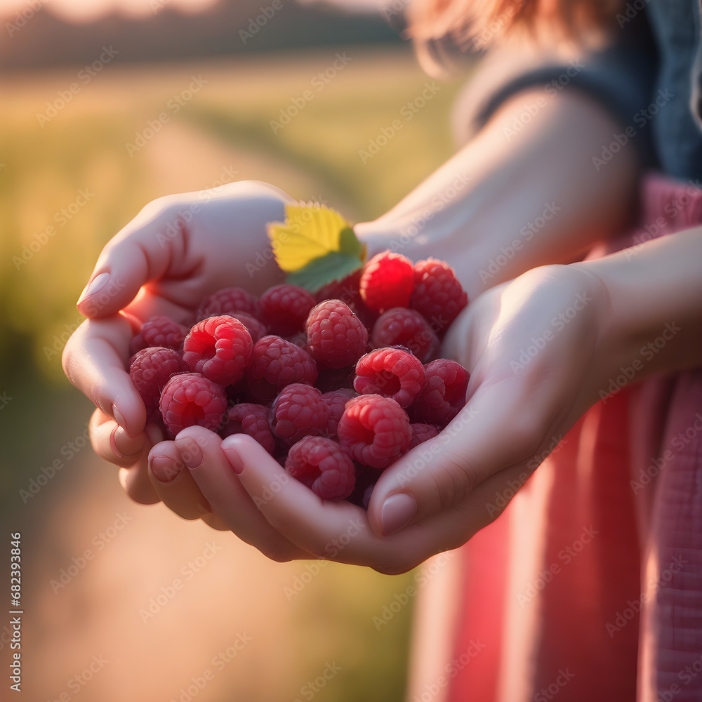 raspberries in the hands of a woman, berries raspberries in the hands of a woman, berries