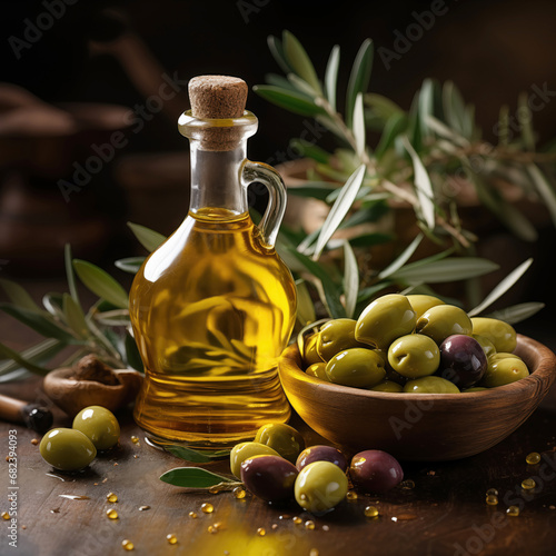 A bottle of olive oil stands on the table surrounded by olives and black olives and olive branches
