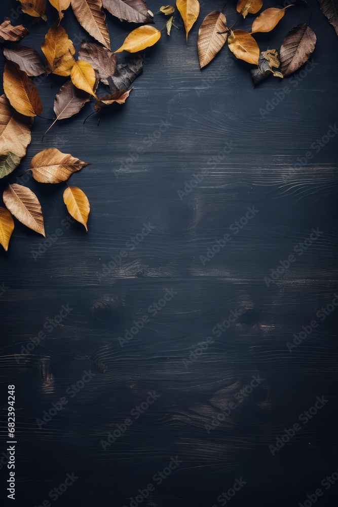 Empty wooden table and leaves
