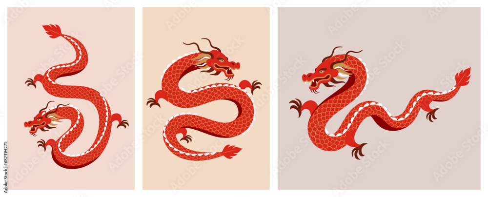 Obraz premium Red Dragon illustrations collection. Chinese new year 2024 year of the dragon - red traditional Chinese designs with dragons. Lunar new year concept, modern design