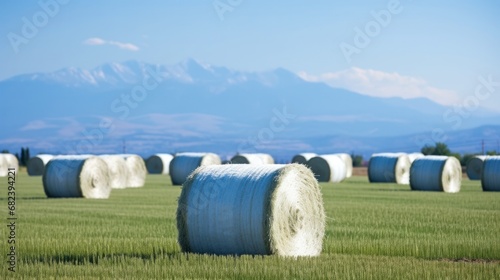 Alfalfa forage bundles, Freshly harvested agricultural field with Alfalfa hay bale, Blue range visible in the distance. photo
