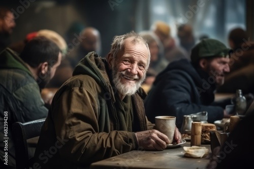 Happy homeless white silver haired old man sitting at a table at a charity dinner in a shelter