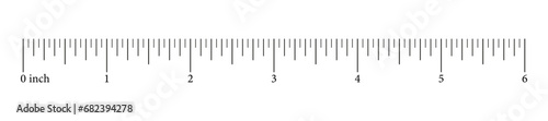 Measuring horizontal chart with markup. Ruler scale 6 inch or half foot with numbers. Length measurement math, distance, height, sewing tool. Vector graphic template illustration.