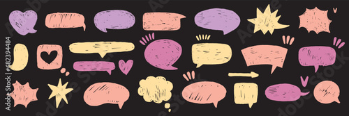 Speech bubble vector set, texture doodle comic talk balloon kit, hand drawn crayon cloud message. Speak sign color dialog communication frame, hearts, arrow. Chalk marker speech bubble drawing box