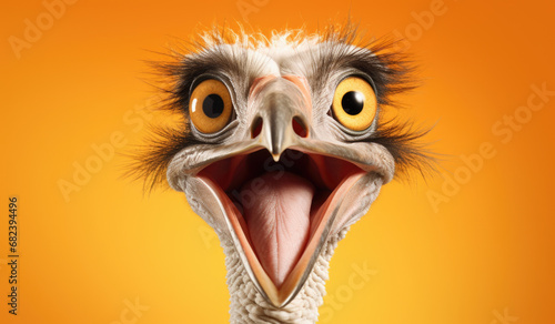 Studio Portrait of Funny and Excited Ostrich on Orange Background with Shocked or Surprised Expression and Open Mouth. © Ruslan Gilmanshin