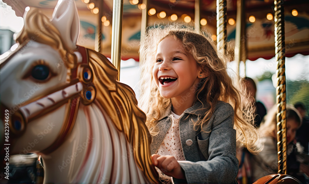 Fototapeta premium Happy smiling kid is enjoying ride a horse on carousel.
