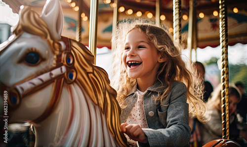 Happy smiling kid is enjoying ride a horse on carousel. © Daniela