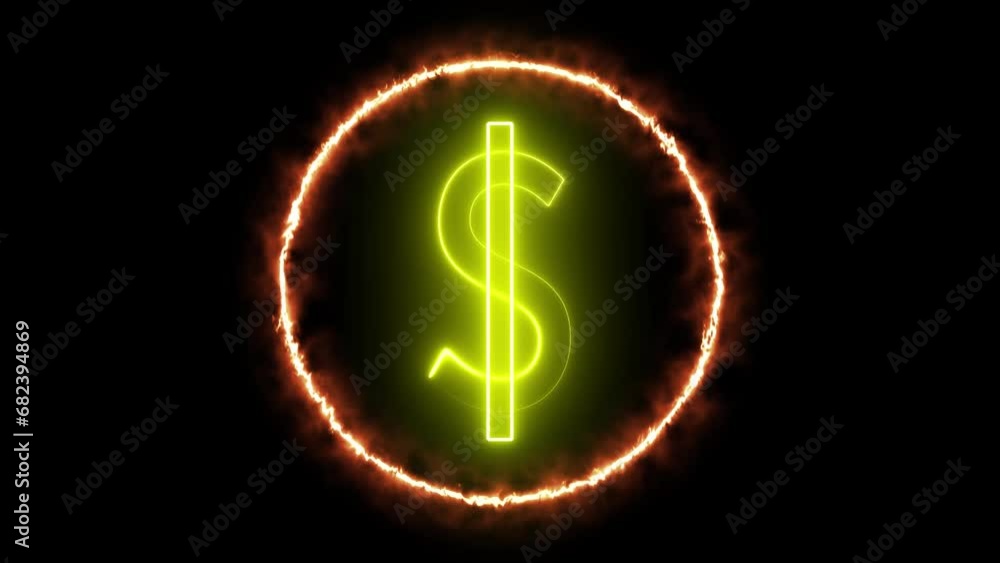 Animated dollar text inside a running circle with neon and fire effects Animated dollar text inside a running circle with neon and fire effects