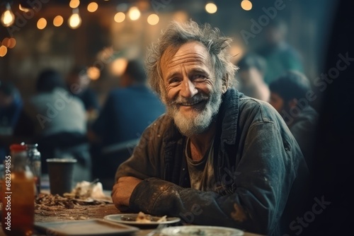 Happy homeless white silver haired old man sitting at a table at a charity dinner in a shelter photo