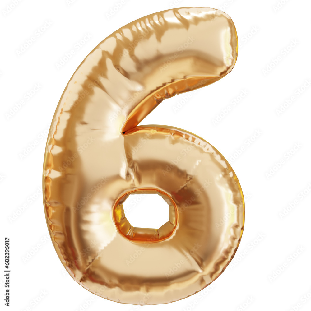Inflated number six 3D rendering illustration. Number six gold helium balloon 3D render.