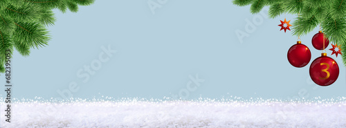 Third Advent. Christmas frame with fir branches and red baubles .