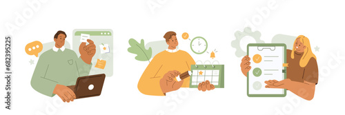 Schedule management, business and organization concept illustration. Collection of characters planning and organizing work tasks, making calendar appointment and to do list. Vector illustrations set.

