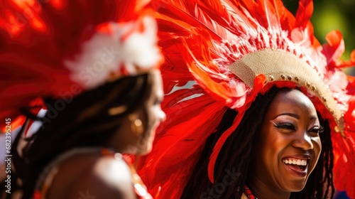 Joyful dancers in feathered headdresses moving to the beat of the drumline at the Toronto Caribbean Carnival photo