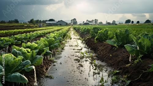 Rain watering plants in farmer's field