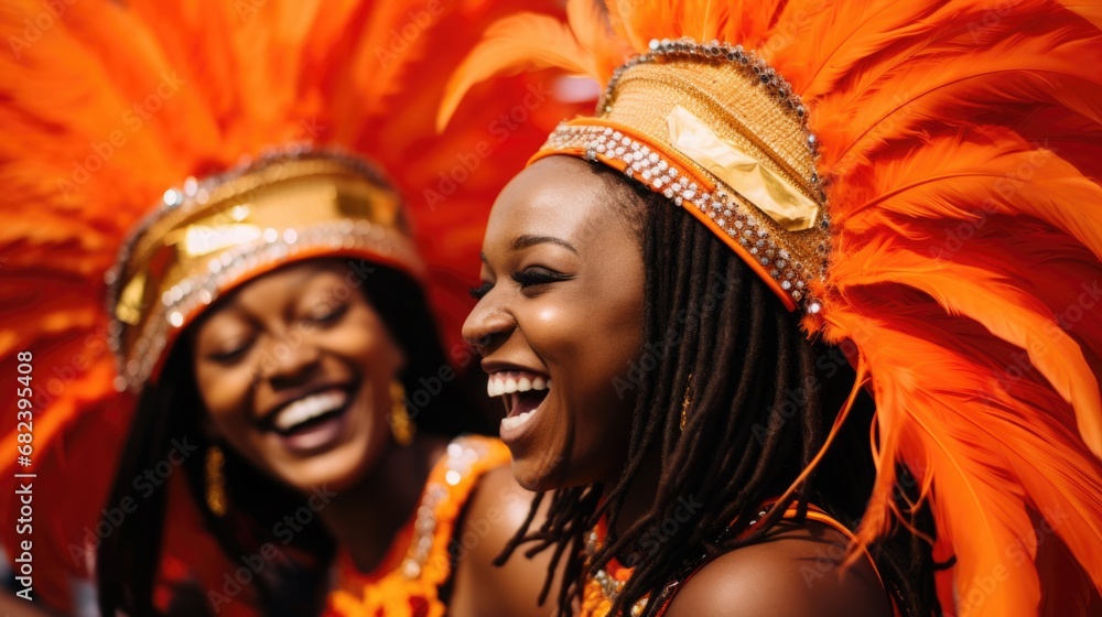 Joyful dancers in feathered headdresses moving to the beat of the drumline at the Toronto Caribbean Carnival