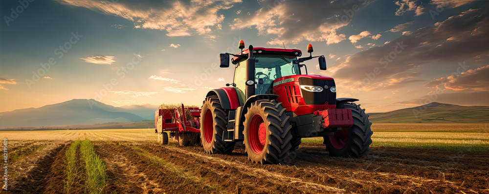 The tractor works the soil in the field with amazing background