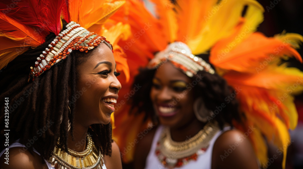 Joyful dancers in feathered headdresses moving to the beat of the drumline at the Toronto Caribbean Carnival