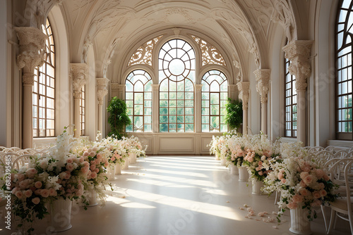 Generative AI - The hall decorated with flowers ready for the wedding ceremony © nastyakamysheva