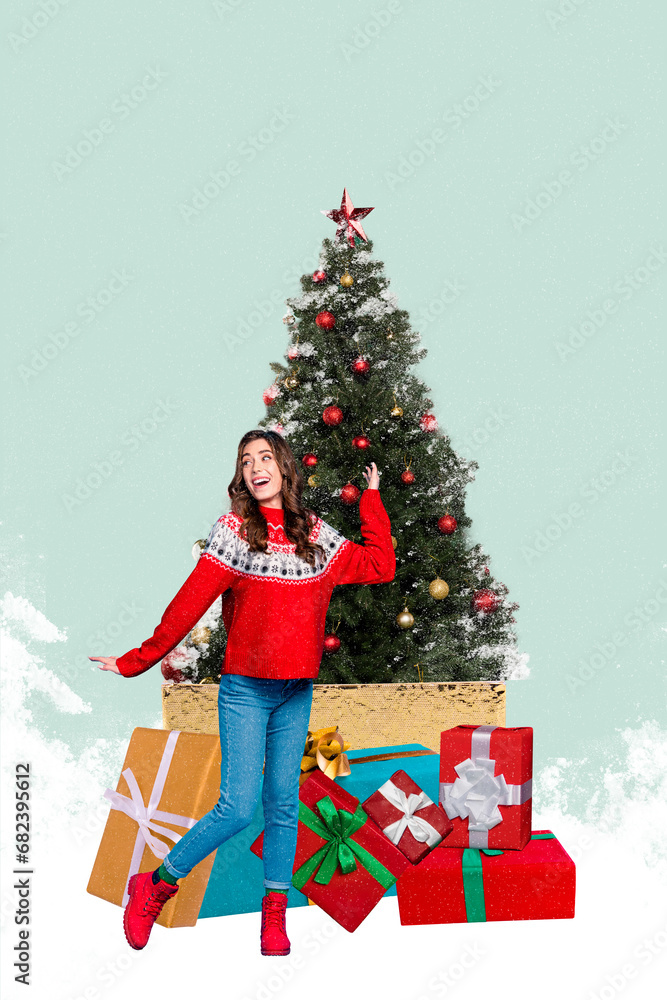 Picture image collage of positive jolly funky girl celebrating new year dancing near big evergreen tree isolated on drawing background Picture image collage of positive jolly funky girl celebrating new year dancing near big evergreen tree isolated on drawing background