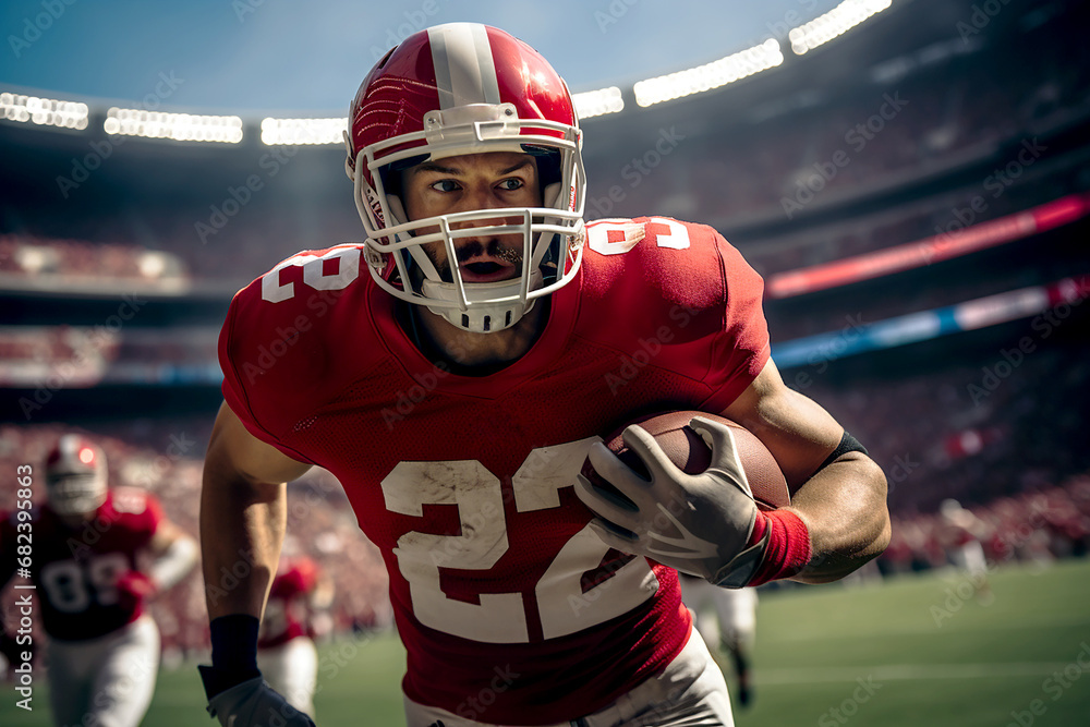 Portrait american football in action. American football player running on the pitch. Generative AI Portrait american football in action. American football player running on the pitch. Generative AI