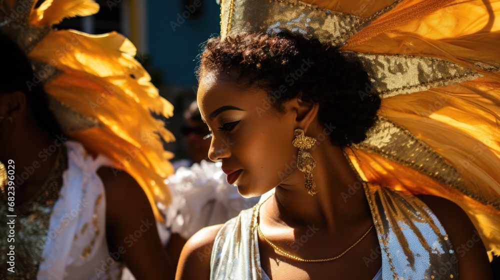 Glittering headdresses and costumes twirling in the Bahian Carnival in Salvador, vibrant under the sun