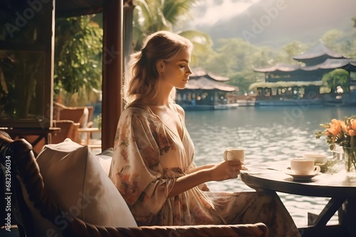 Woman sitting with tea in resort outdoor restaurant