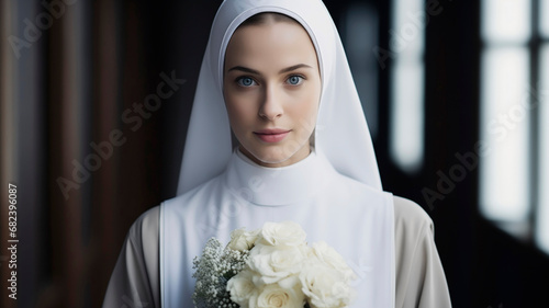 nun with flowers in her hands photo