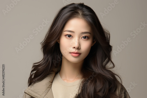 Young Korean girl model. Beautiful young asian woman with perfect skin smiling and wearing light brown shirt outfit, during calm face pose. Slim body, elegance fashion woman model. Generative AI