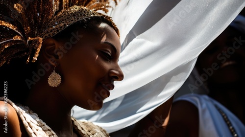 Glittering headdresses and costumes twirling in the Bahian Carnival in Salvador, vibrant under the sun photo