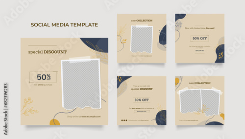 Social media template banner blog fashion sale promotion. fully editable instagram and facebook square post frame puzzle organic sale poster. blue beige vector background