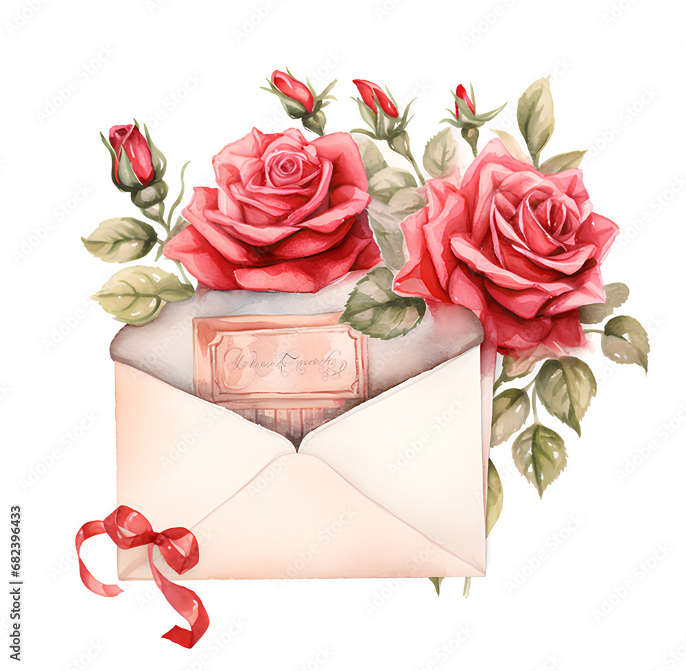 Valentine letter with roses. Watercolor illustration.
