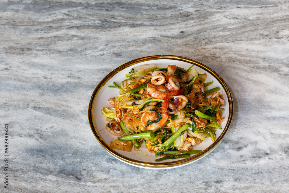 Dry suki, StirFried Thai Thaistyle sukiyaki, or Stirfried vermicelli with pork and vegetables