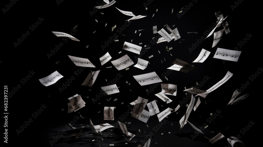 Notes flying in the air, solid black background Notes flying in the air, solid black background