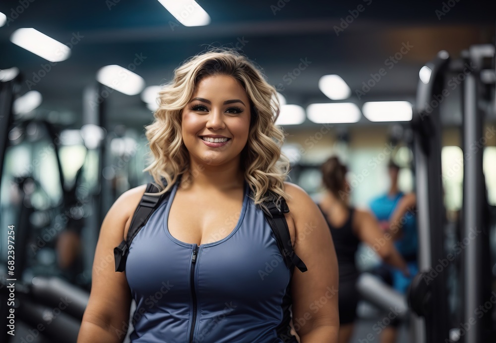 Fototapeta premium Fat white women wearing gym costume, healthy live, gym tools on the background