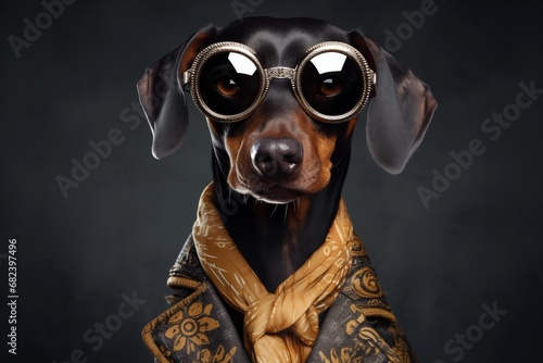 Luxury dog with dark glasses and boa on black background. Studio portrait © Mariana