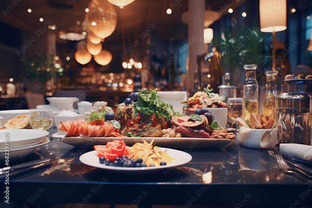 Fototapeta premium Table fresh food in luxury modern restaurant