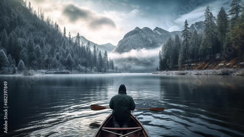 Frozen Tranquility: Male Traveler Canoeing in a Winter Coat, Embracing the Peaceful Beauty of a Snowy Lake.