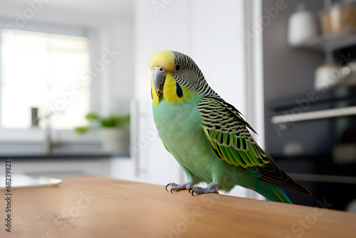 Uncaged green pet budgerigar on kitchen table photo