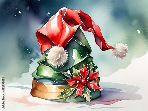Watercolor Christmas hat Illustration. This image is perfect for christmas cards or invitations. A winter holiday hat in watercolor art with red and green colors

