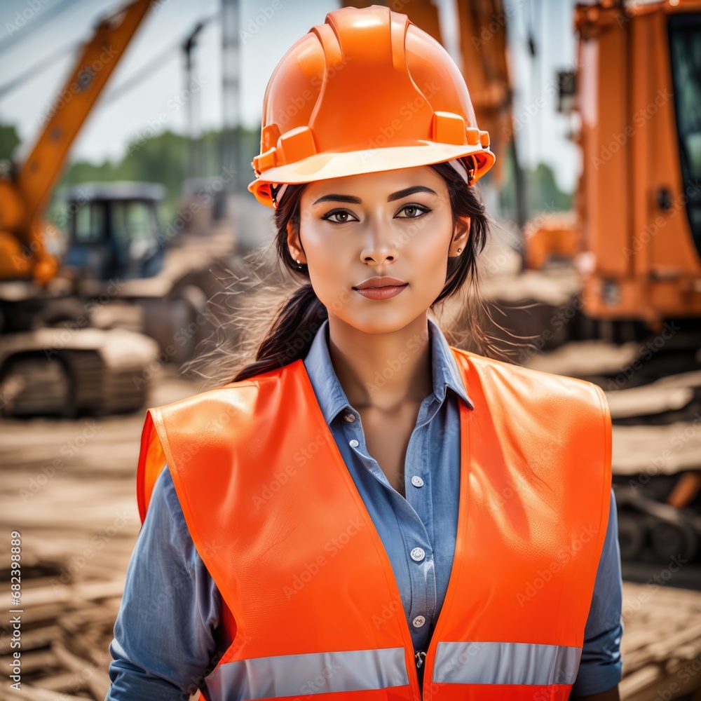 A girl in a helmet works at a construction site. Sunny bright day at the construction site A girl in a helmet works at a construction site. Sunny bright day at the construction site