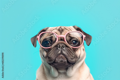 Cute Pug dog with sunglasses on teal bluel background