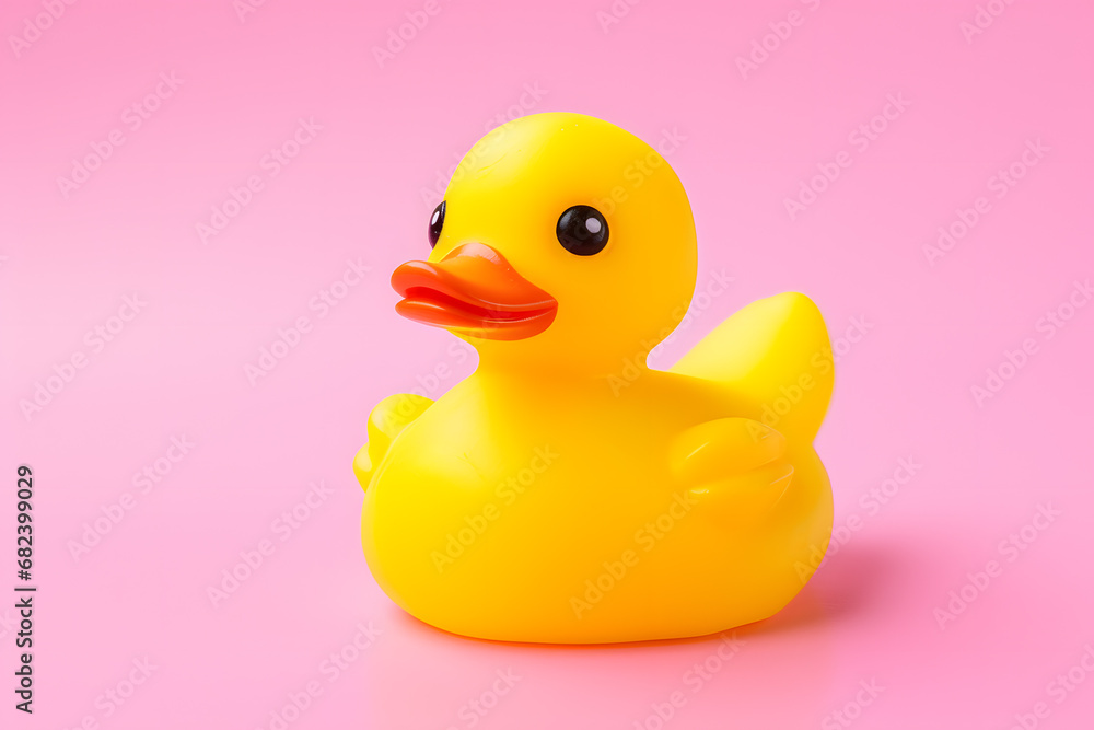 Yellow rubber duck in front of pink background Yellow rubber duck in front of pink background