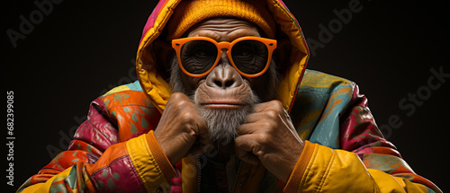 Lässiger Primat: Schimpanse mit Style, Sonnenbrille und Kapuze photo