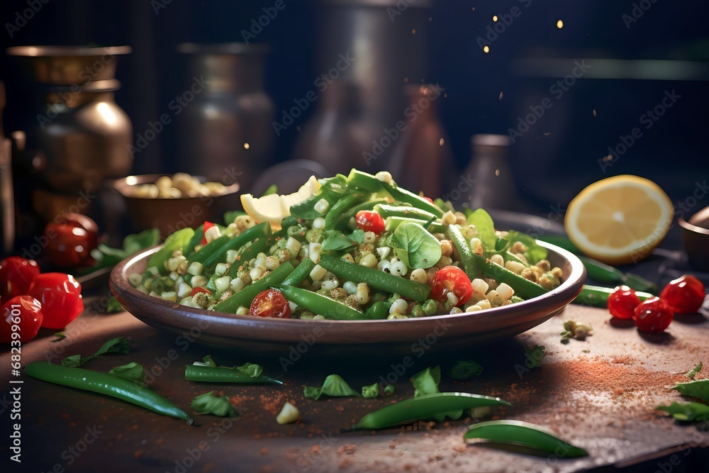 Mixed vegetable salad with tomatoes, green beans and wheat