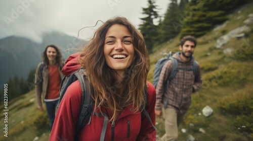 Young cheerful friends men and young women hiking in misty summer mountains at daylight