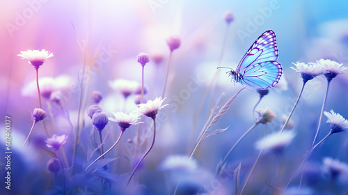 Vivid depiction of wildflowers and a delicate butterfly in hues of purple and blue, showcasing a serene and enchanting natural scene © SMPTY